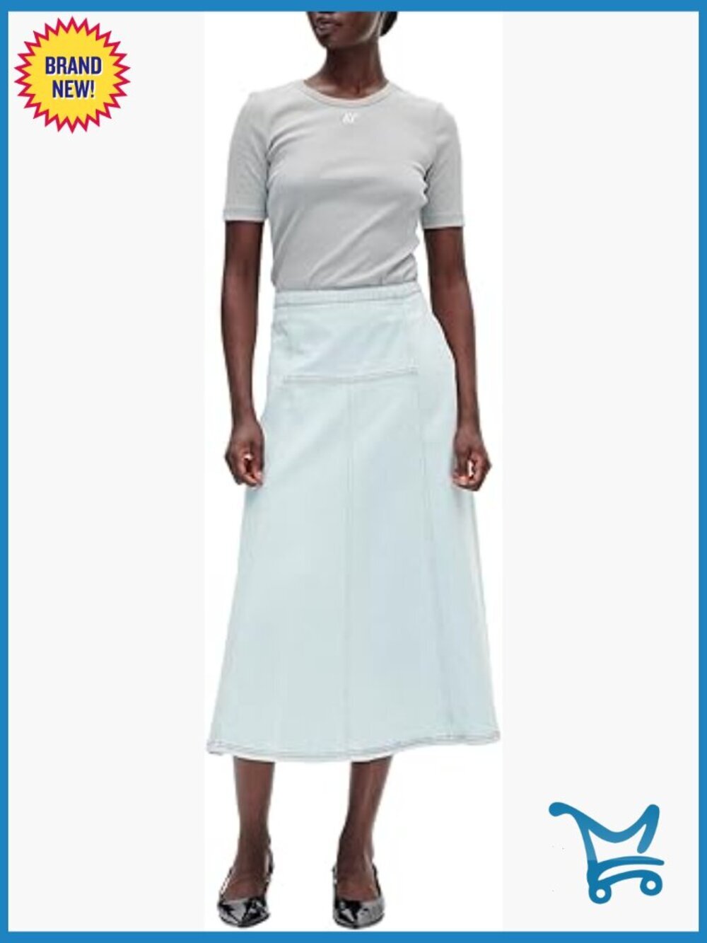 High-Waist Midi A-Line Denim Skirt with Side Zip